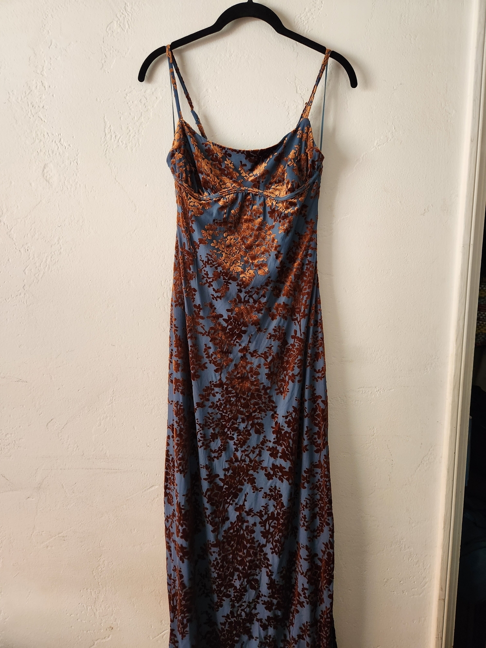 Sincerly Jules Blue Satin Maxi with Brown Floral Burnout